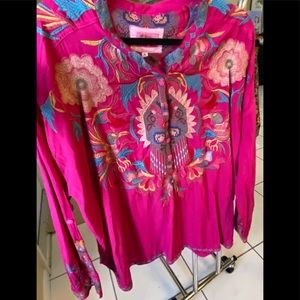 Johnny Was Hot pink embroidered long sleeve blouse